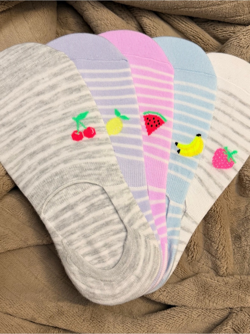 No-Show Women’s Socks Set with Fruit Designs - Pastel Stripe Colors